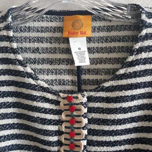 Ruby Rd Jacket Blazer Top Womens Size 10 Blue White Striped Fringed Pocket - Picture 3 of 12